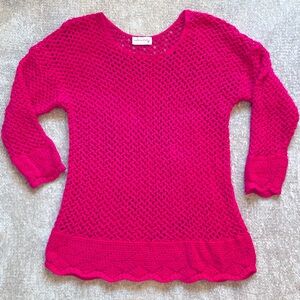 Vintage 90s Y2K Crochet Knit Mini Dress Long Sleeve Hot Pink